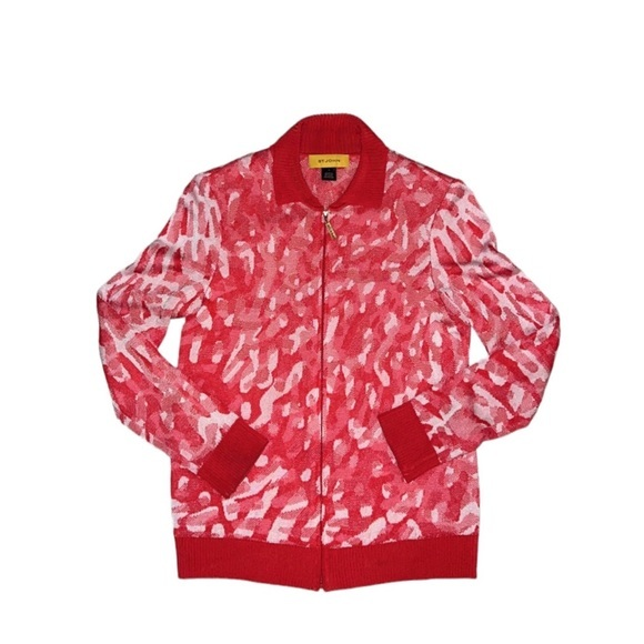 St.‎ John Red & White Abstract Print Knit Cardigan Sweater Size Petite Small - Picture 1 of 12